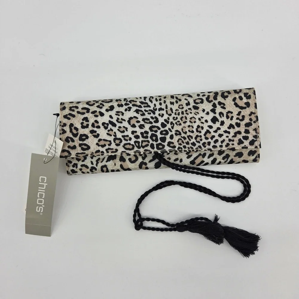Chicos NWT Leopard Print Jewelry Roll‎ Organizer Travel Bag Black Tassel